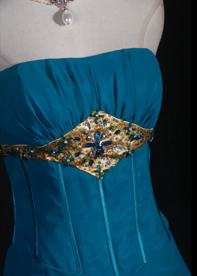 Exquisite Sheath Strapless Ruffle Beaded Chiffon Teal Long Evening Dress