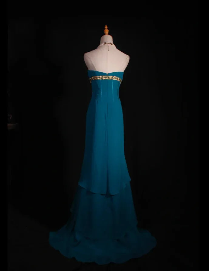 Exquisite Sheath Strapless Ruffle Beaded Chiffon Teal Long Evening Dress