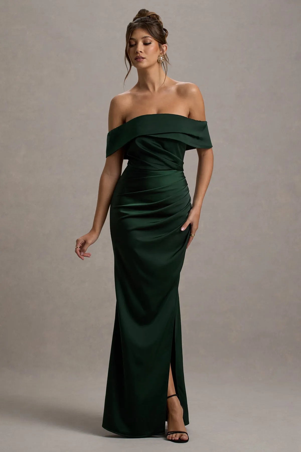 Eye - Catching Dark Green Off - Shoulder Satin Prom Dresses with Draped Bodice and Bold Side