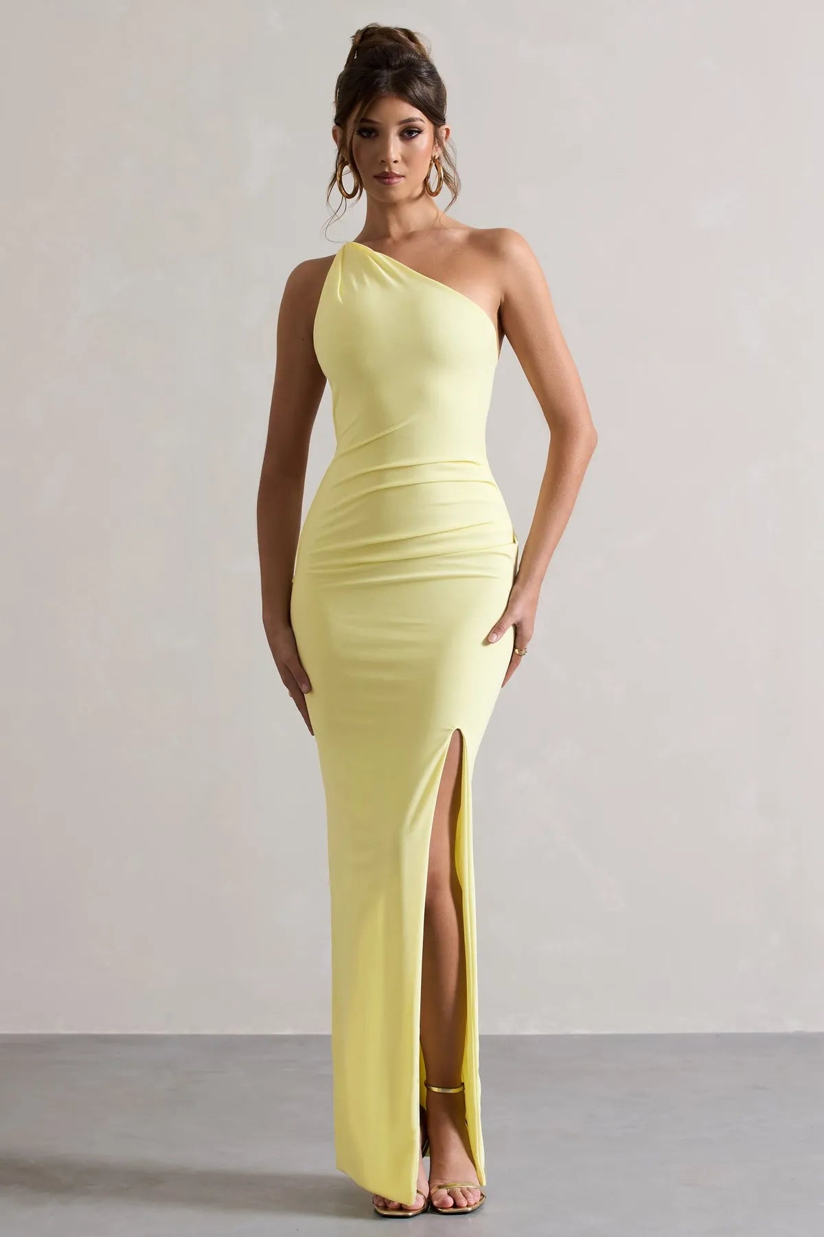Eye Catching Lemon Yellow One Shoulder Prom Dresses Ruched Bodice High Side Slit  Body  Con Fit A Fusion of Vibrancy and Sophistication for Formal Galas