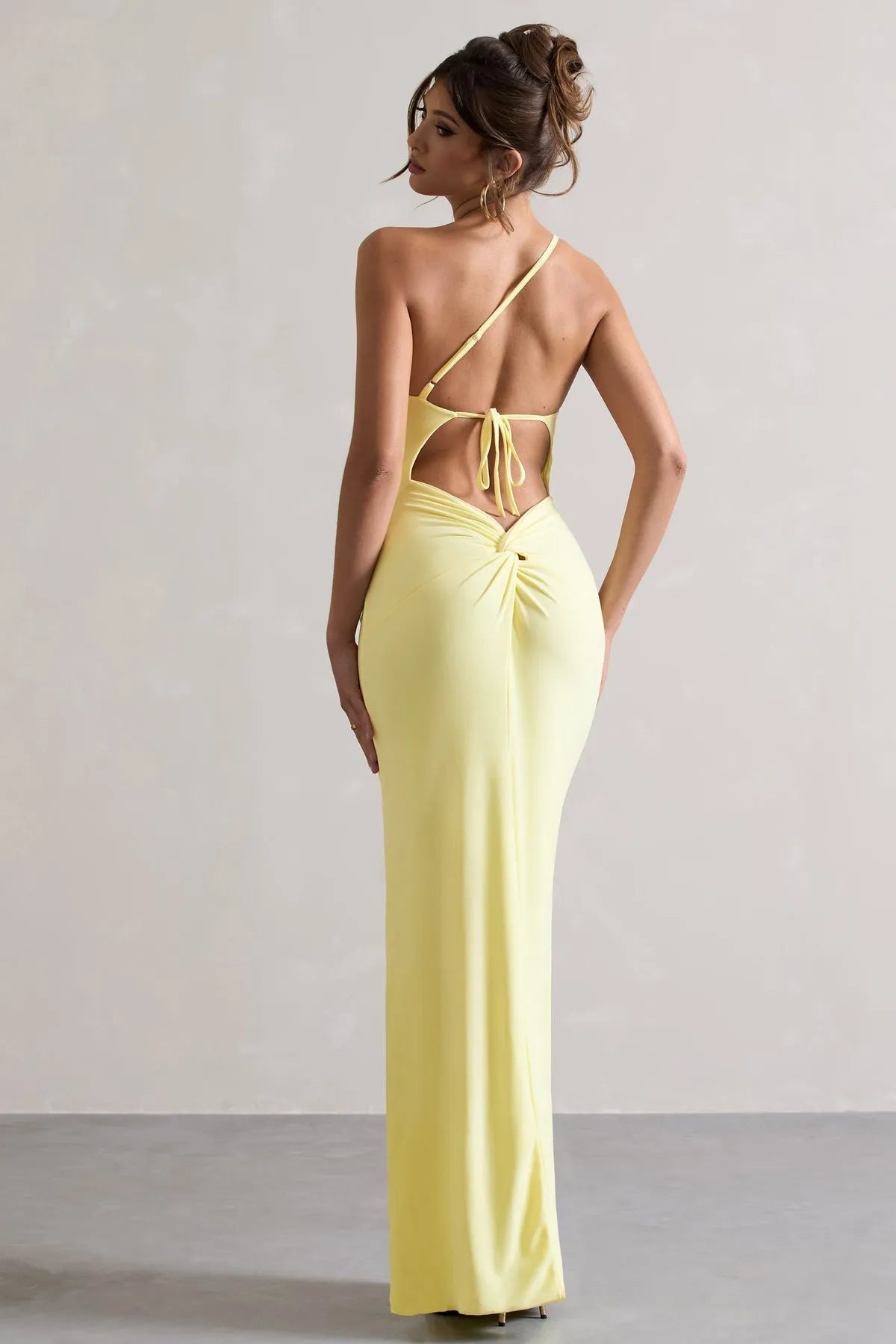 Eye Catching Lemon Yellow One Shoulder Prom Dresses Ruched Bodice High Side Slit  Body  Con Fit A Fusion of Vibrancy and Sophistication for Formal Galas