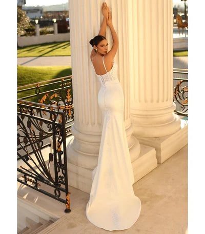 Fabulous Long Ivory Mermaid Spaghetti Straps Lace Satin Laced-up Wedding Dress