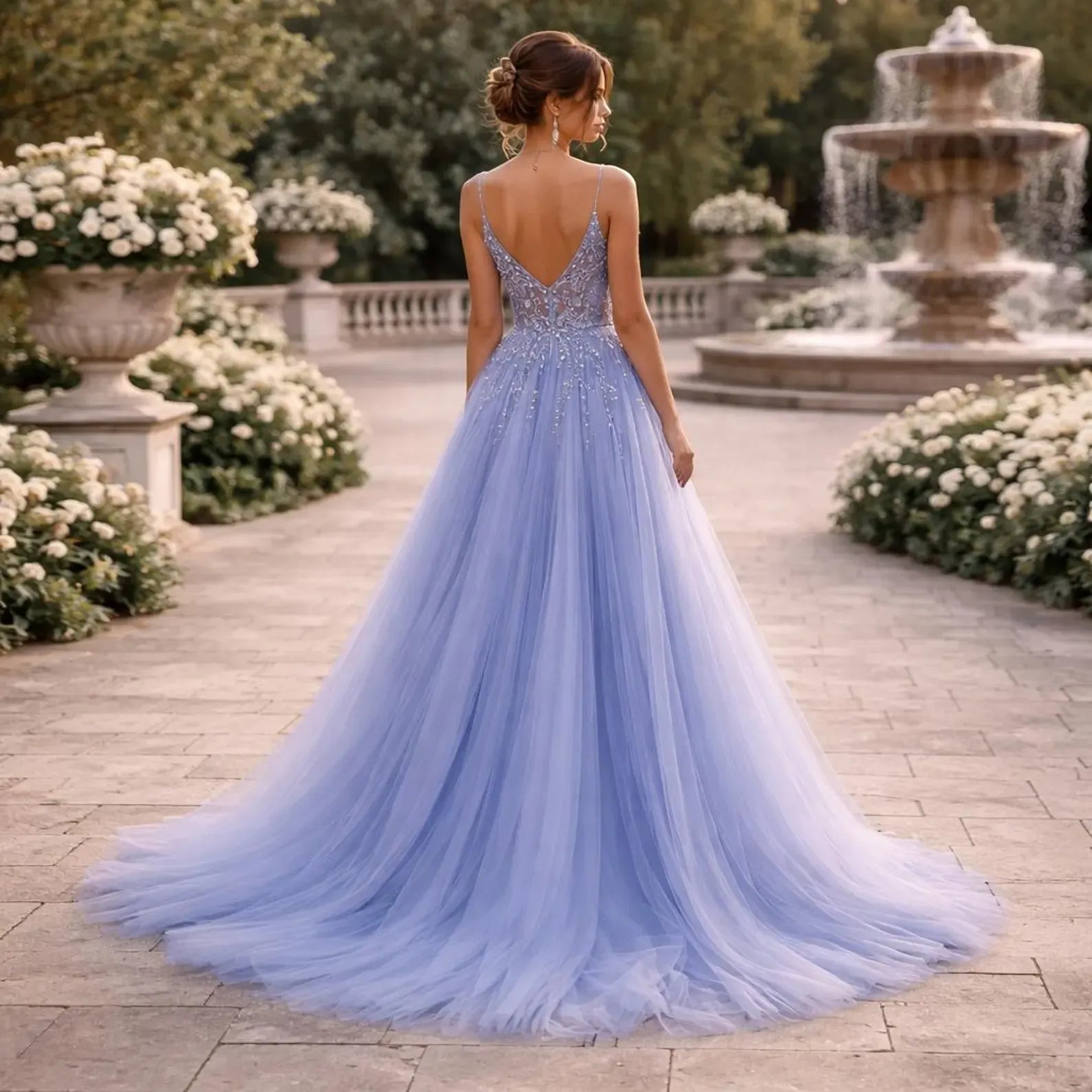 Fairy A-Line Spaghetti Strap Corset Tulle Dusty Blue Train Prom Dress With Slit