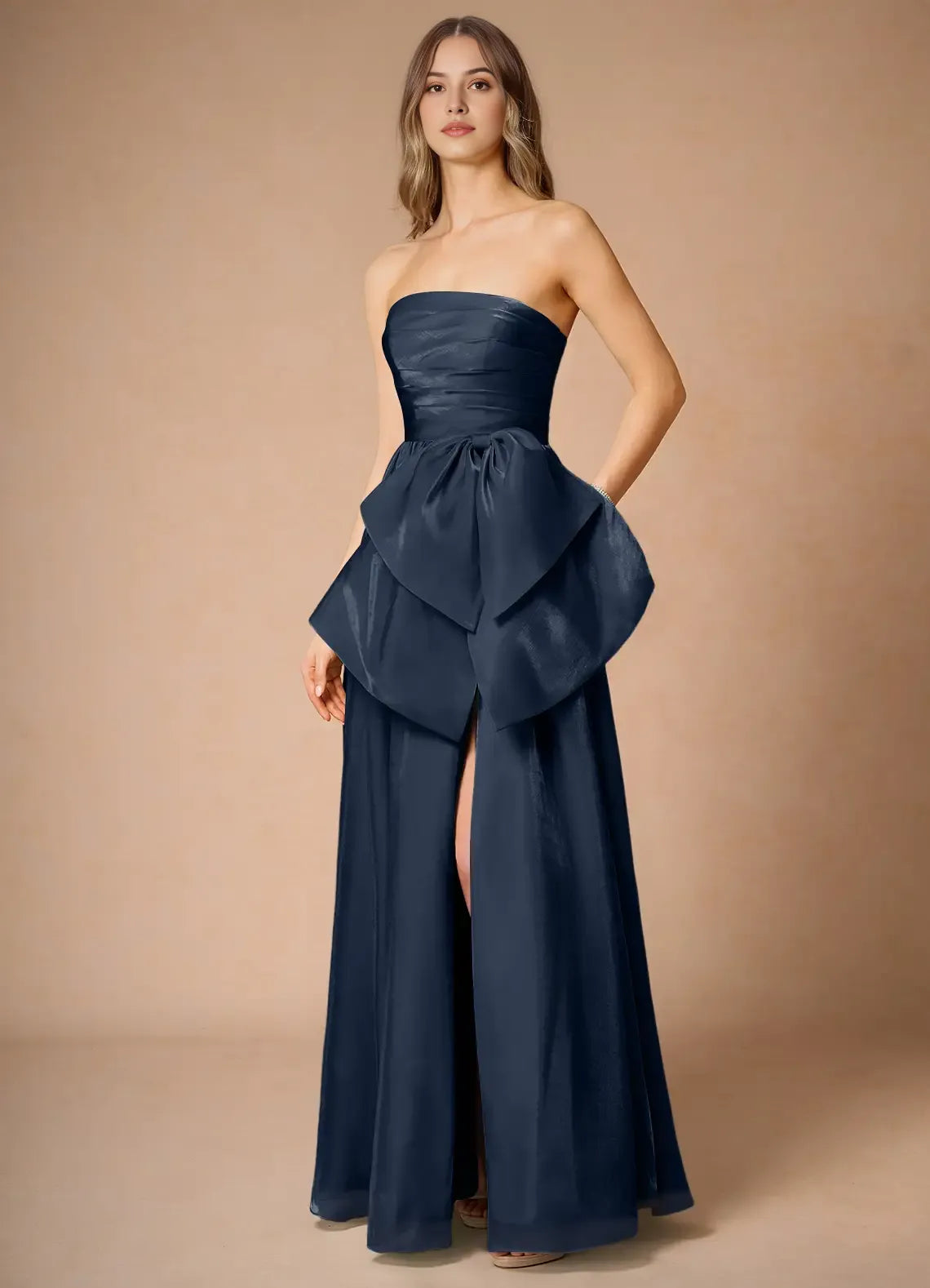 Fashion Navy Blue Strapless Prom Dress with Ruched Bodice Bow Accent Side Slit and for Formal Occasions