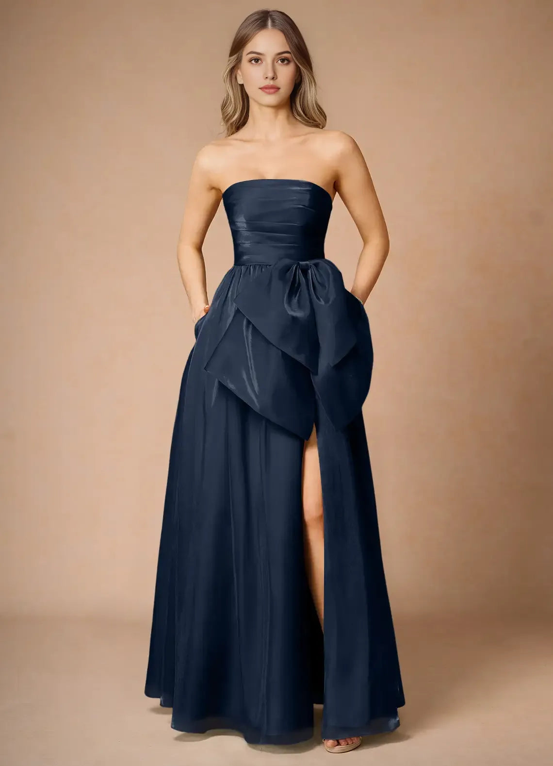 Fashion Navy Blue Strapless Prom Dress with Ruched Bodice Bow Accent Side Slit and for Formal Occasions