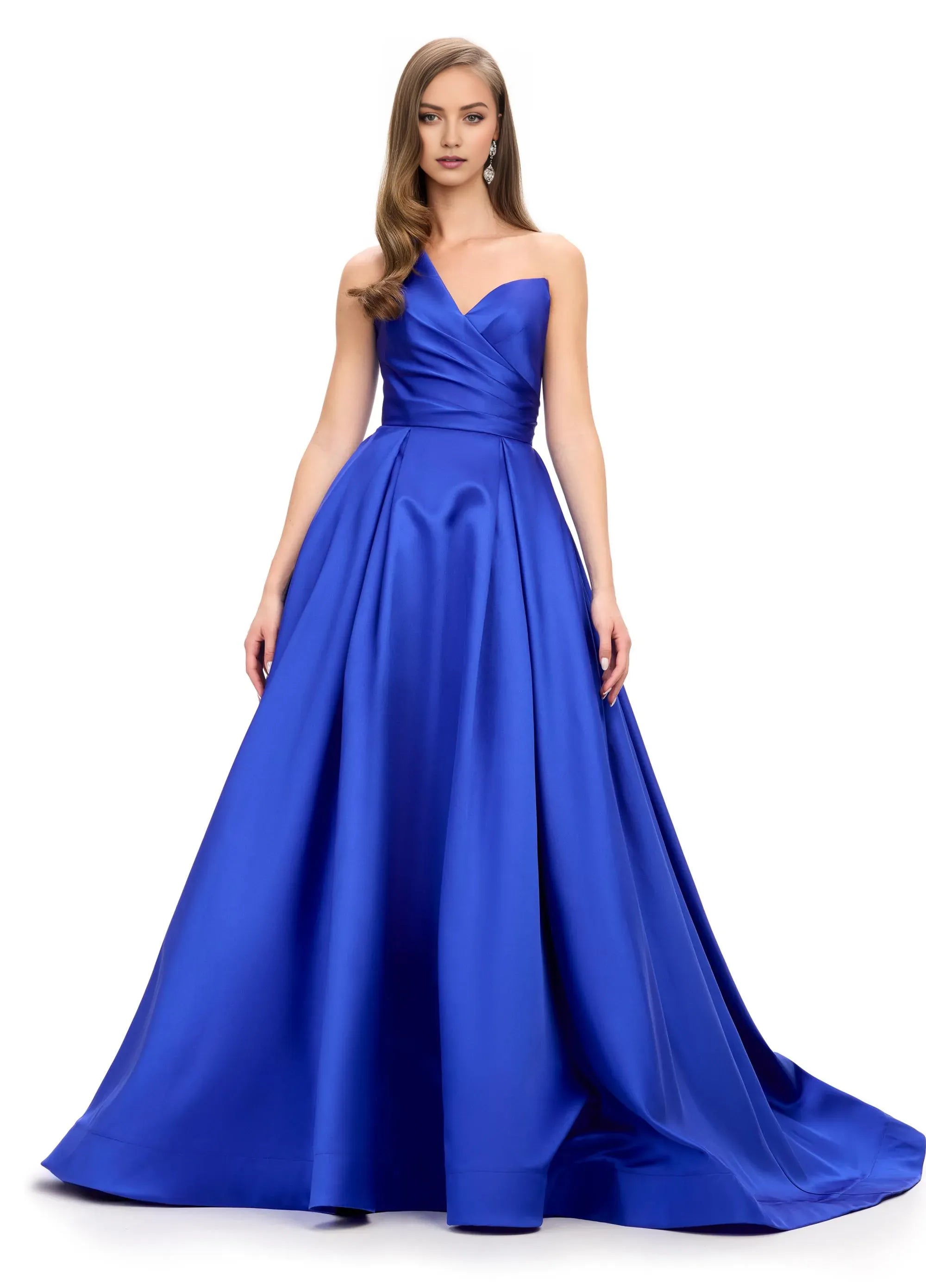 Fashion Royal Blue A-Line One-Shoulder Sleeveless Back Zip Floor-Length Satin Prom Dresses