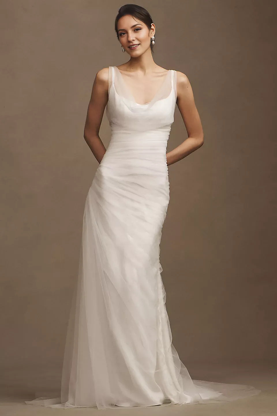 Fashion Sheath Cowl Neck Sleeveless Asymmetric Ruched Tulle Open-Back Floor-Length Wedding Dresses