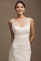 Fashion Sheath Cowl Neck Sleeveless Asymmetric Ruched Tulle Open-Back Floor-Length Wedding Dresses