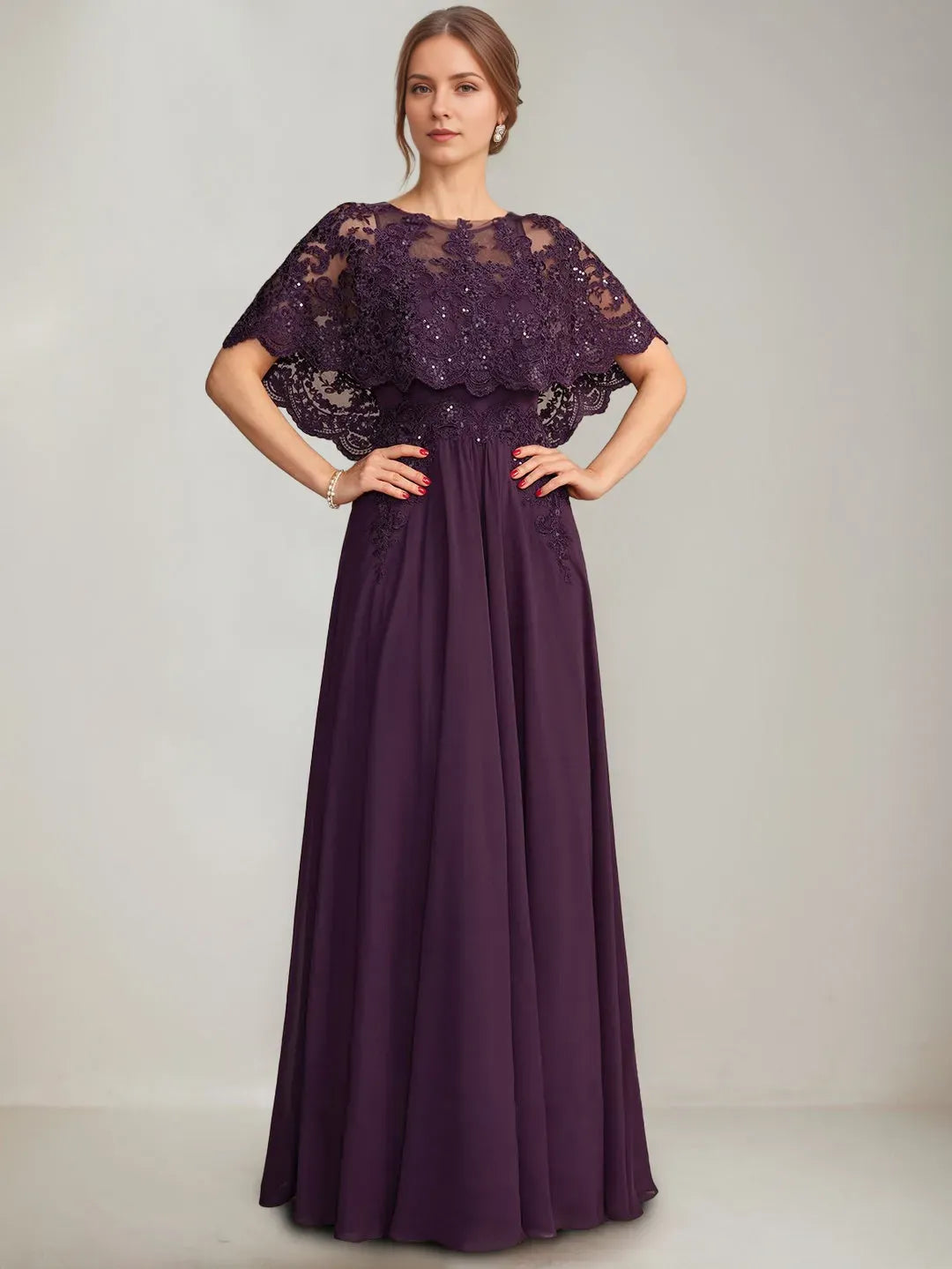Fashionable A-Line Boat-Neck Cape Sleeve Pleated Zip-Back Floor-Length Mother of the Bride Dresses with Lace Appliques Sequins