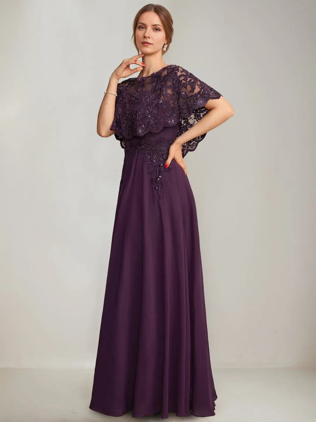 Fashionable A-Line Boat-Neck Cape Sleeve Pleated Zip-Back Floor-Length Mother of the Bride Dresses with Lace Appliques Sequins