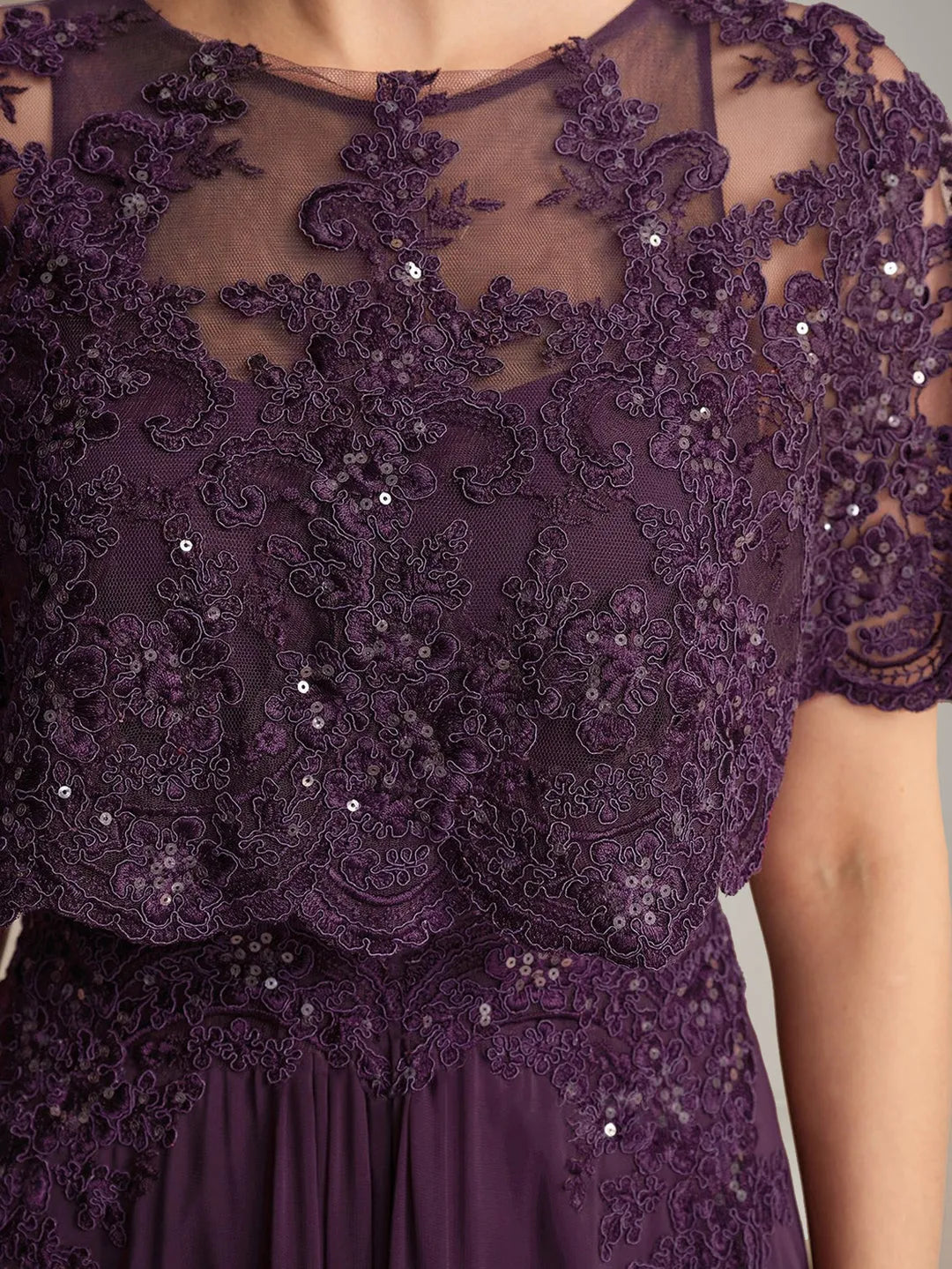 Fashionable A-Line Boat-Neck Cape Sleeve Pleated Zip-Back Floor-Length Mother of the Bride Dresses with Lace Appliques Sequins