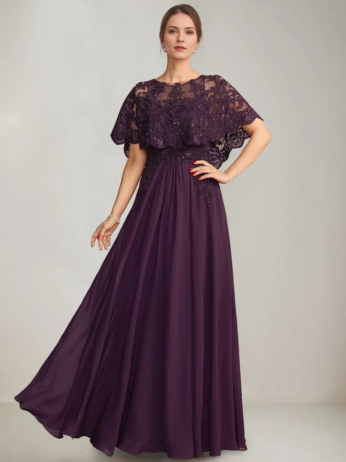 Fashionable A-Line Boat-Neck Cape Sleeve Pleated Zip-Back Floor-Length Mother of the Bride Dresses with Lace Appliques Sequins