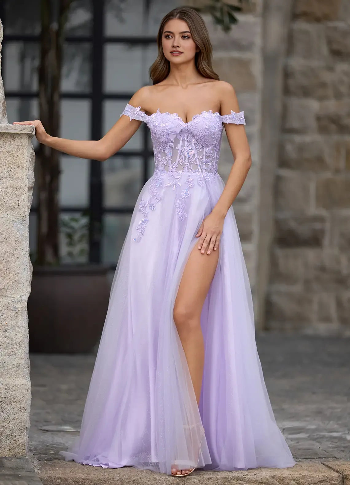 Fashionable A-Line Off-Shoulder Sleeveless Floral Lace-Embellished Tulle Back Zip Prom Dress with Appliqued Sequins Petticoat
