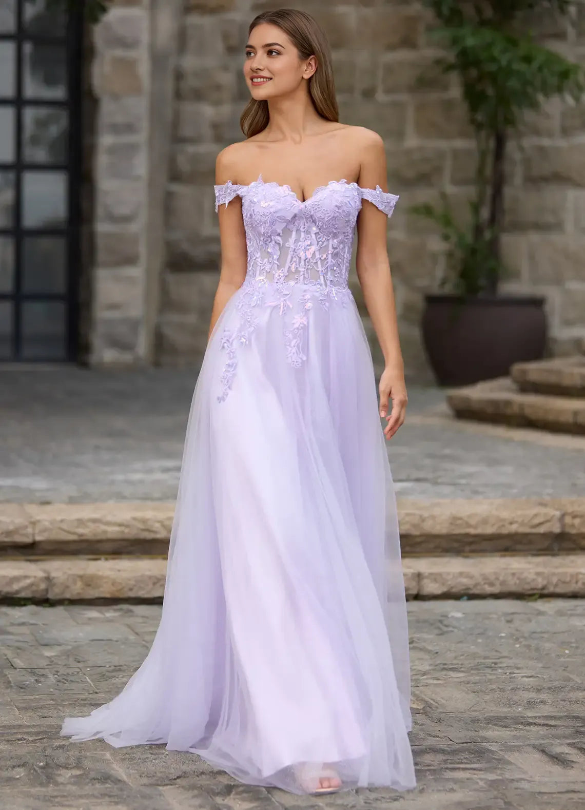 Fashionable A-Line Off-Shoulder Sleeveless Floral Lace-Embellished Tulle Back Zip Prom Dress with Appliqued Sequins Petticoat