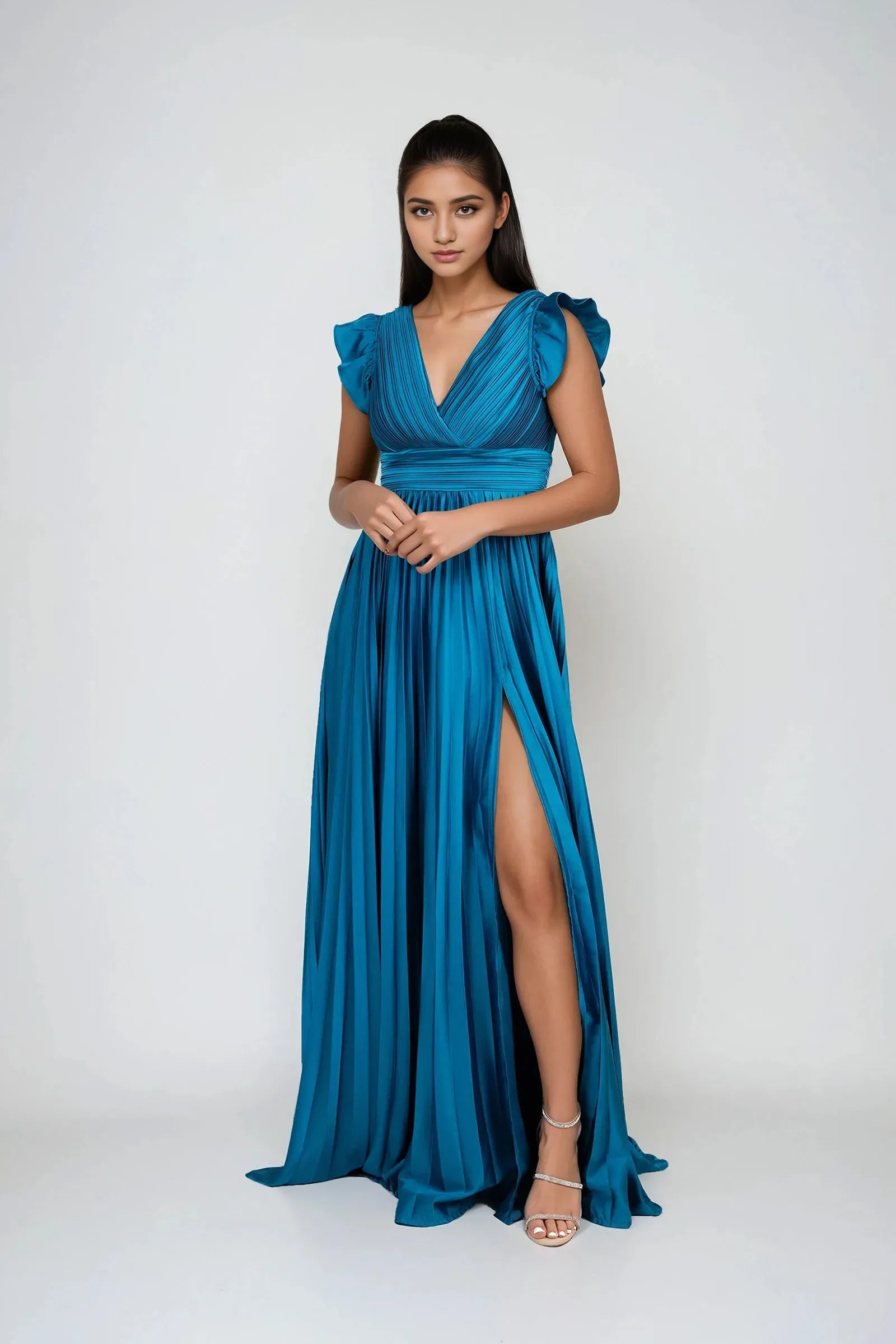 Fashionable A-Line Plunging V-Neck Ruffled Sleeve Back Zip High Side Slit Floor-Length Prom Dresses