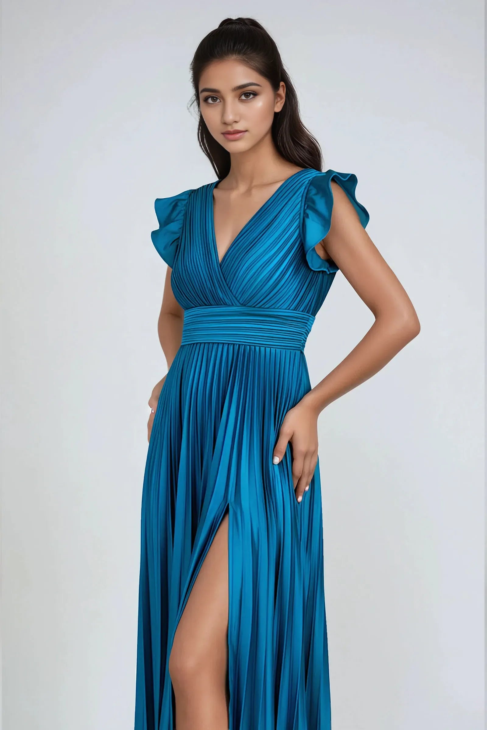 Fashionable A-Line Plunging V-Neck Ruffled Sleeve Back Zip High Side Slit Floor-Length Prom Dresses