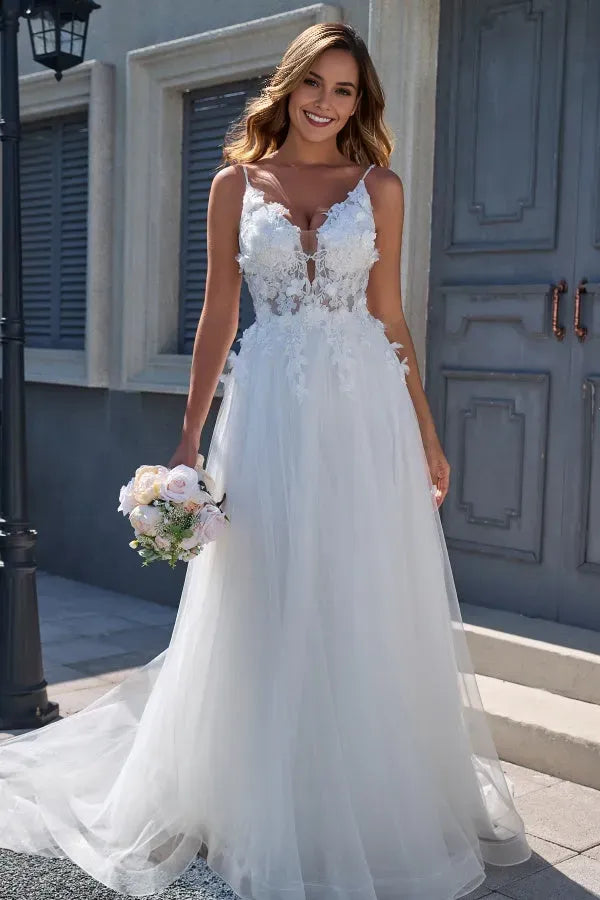 Fashionable A-Line Plunging V-Neck Spaghetti Straps 3D Flowers V Back Floor-Length Wedding Dress Appliques Tulle