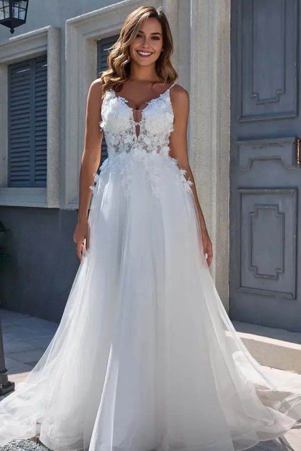 Fashionable A-Line Plunging V-Neck Spaghetti Straps 3D Flowers V Back Floor-Length Wedding Dress Appliques Tulle