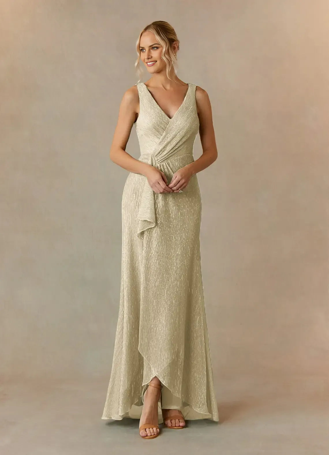 Fashionable A-Line Plus Size V-Neck Sleeveless Ruffled Metallic Back Zip Asymmetrical Leg Slit Mother of the Bride Dress