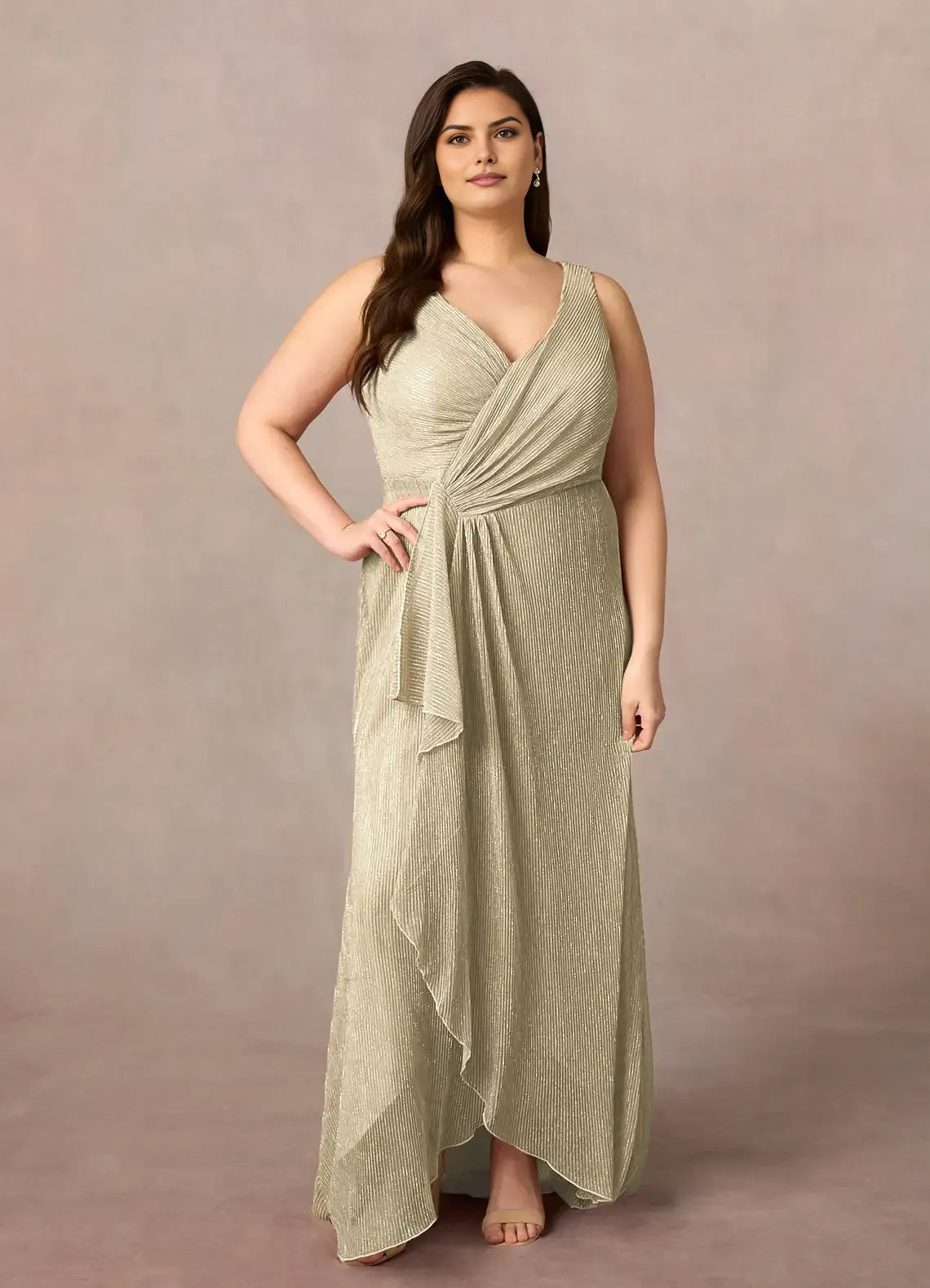 Fashionable A-Line Plus Size V-Neck Sleeveless Ruffled Metallic Back Zip Asymmetrical Leg Slit Mother of the Bride Dress