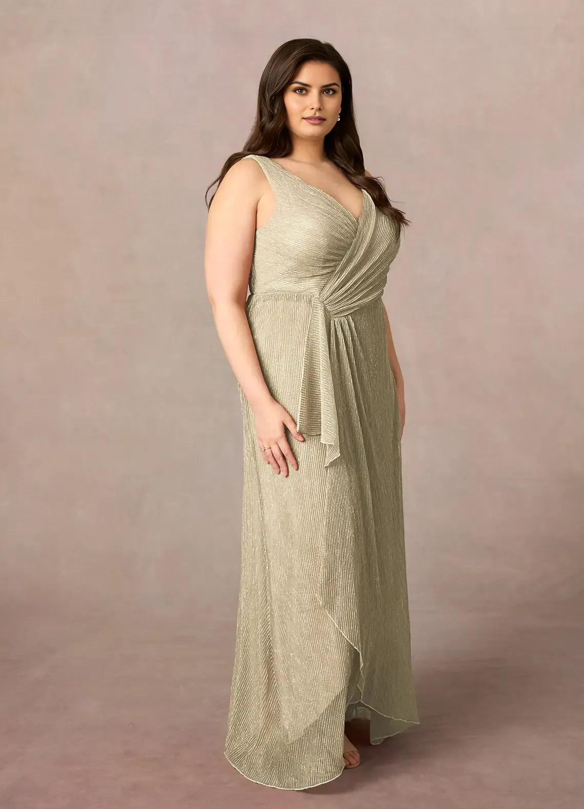 Fashionable A-Line Plus Size V-Neck Sleeveless Ruffled Metallic Back Zip Asymmetrical Leg Slit Mother of the Bride Dress