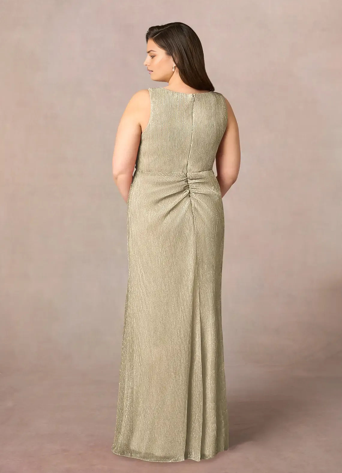 Fashionable A-Line Plus Size V-Neck Sleeveless Ruffled Metallic Back Zip Asymmetrical Leg Slit Mother of the Bride Dress