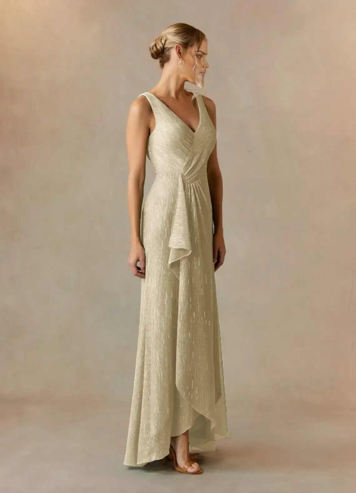 Fashionable A-Line Plus Size V-Neck Sleeveless Ruffled Metallic Back Zip Asymmetrical Leg Slit Mother of the Bride Dress