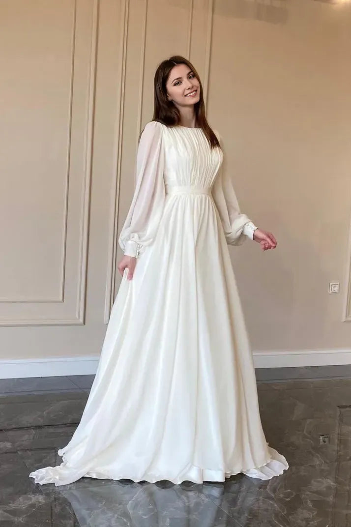 Fashionable A-Line Round Neck Long Sleeve Back Zip Pleated Bodice Floor-Length Prom Dresses ﻿