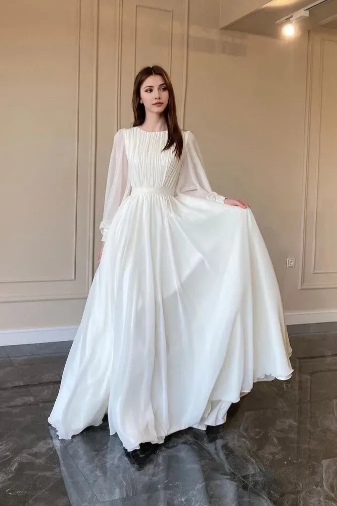 Fashionable A-Line Round Neck Long Sleeve Back Zip Pleated Bodice Floor-Length Prom Dresses ﻿