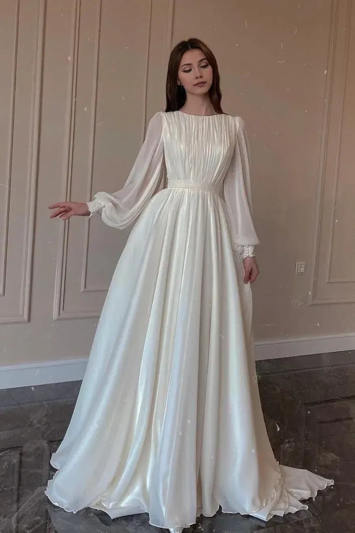 Fashionable A-Line Round Neck Long Sleeve Back Zip Pleated Bodice Floor-Length Prom Dresses ﻿