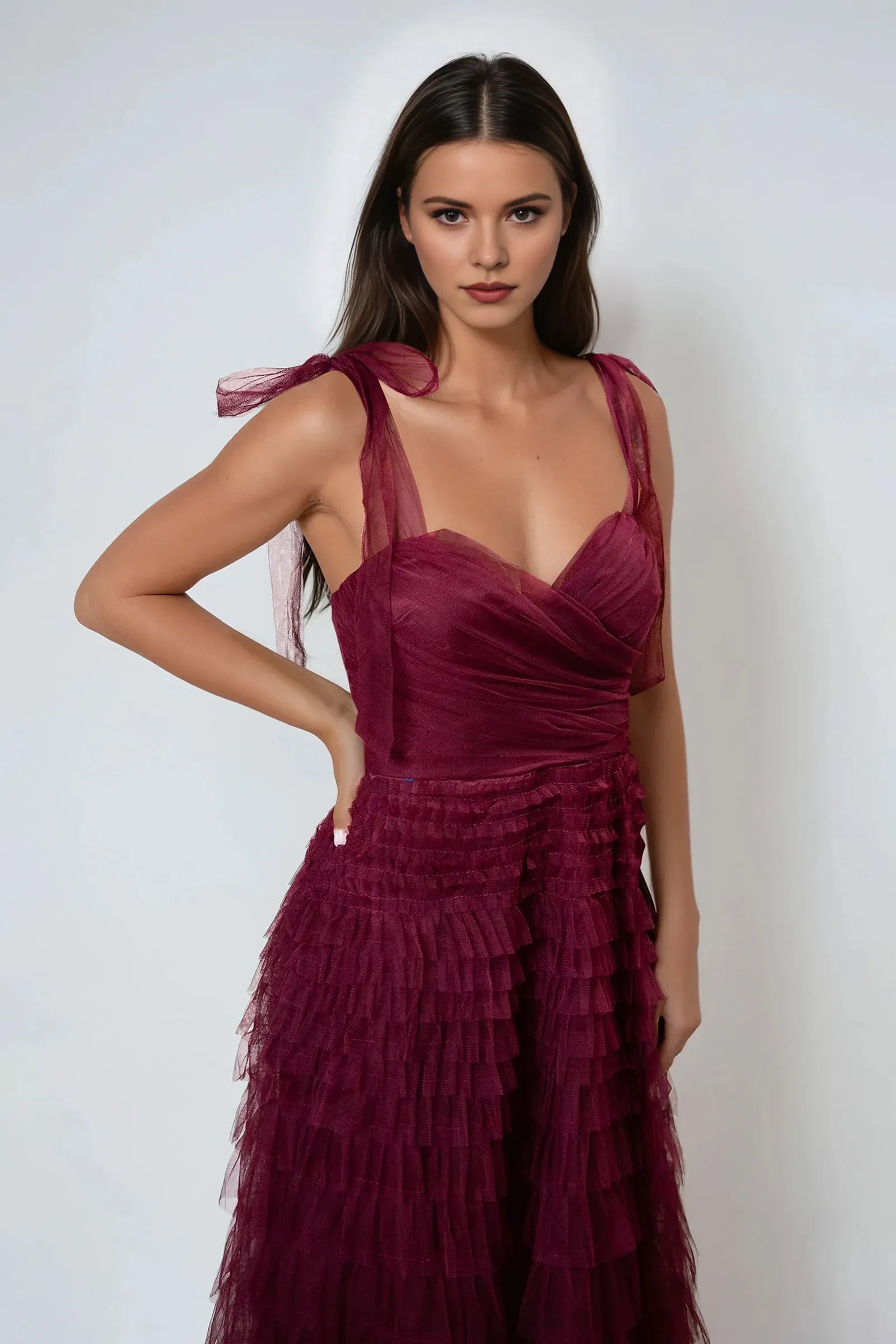 Fashionable A-Line Sweetheart Neck Tie-Shoulder Tiered Ruffled Tulle Back Zip Ankle -Length Prom Dresses