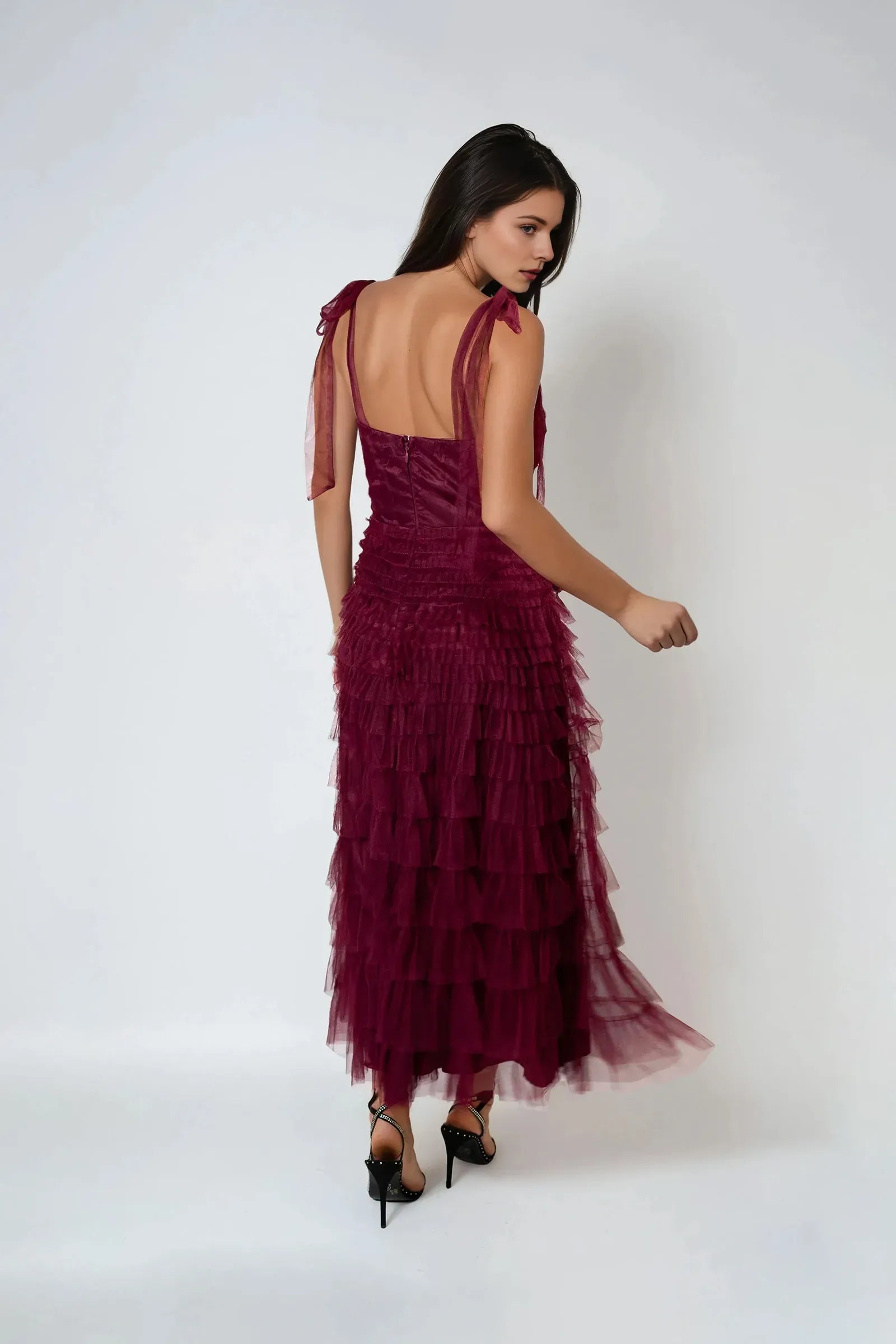 Fashionable A-Line Sweetheart Neck Tie-Shoulder Tiered Ruffled Tulle Back Zip Ankle -Length Prom Dresses