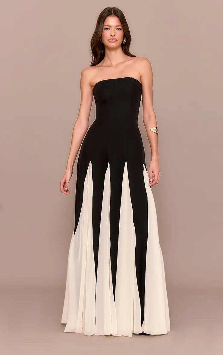 Fashionable Black A-Line Strapless Sleeveless Pleated Color Block Chiffon Back Zip Floor-Length Prom Dresses