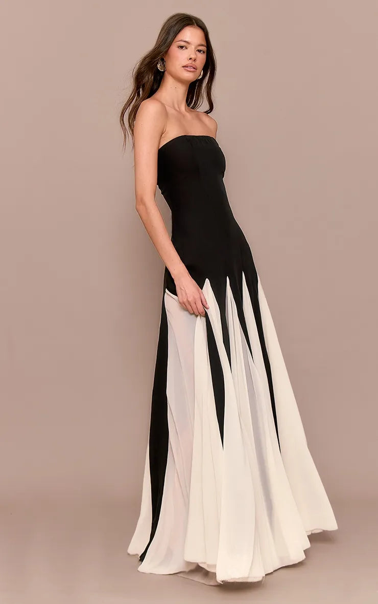 Fashionable Black A-Line Strapless Sleeveless Pleated Color Block Chiffon Back Zip Floor-Length Prom Dresses