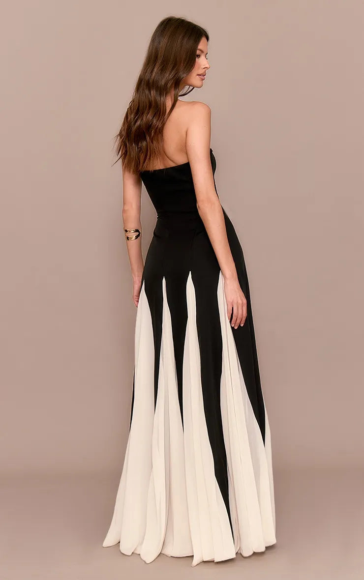 Fashionable Black A-Line Strapless Sleeveless Pleated Color Block Chiffon Back Zip Floor-Length Prom Dresses