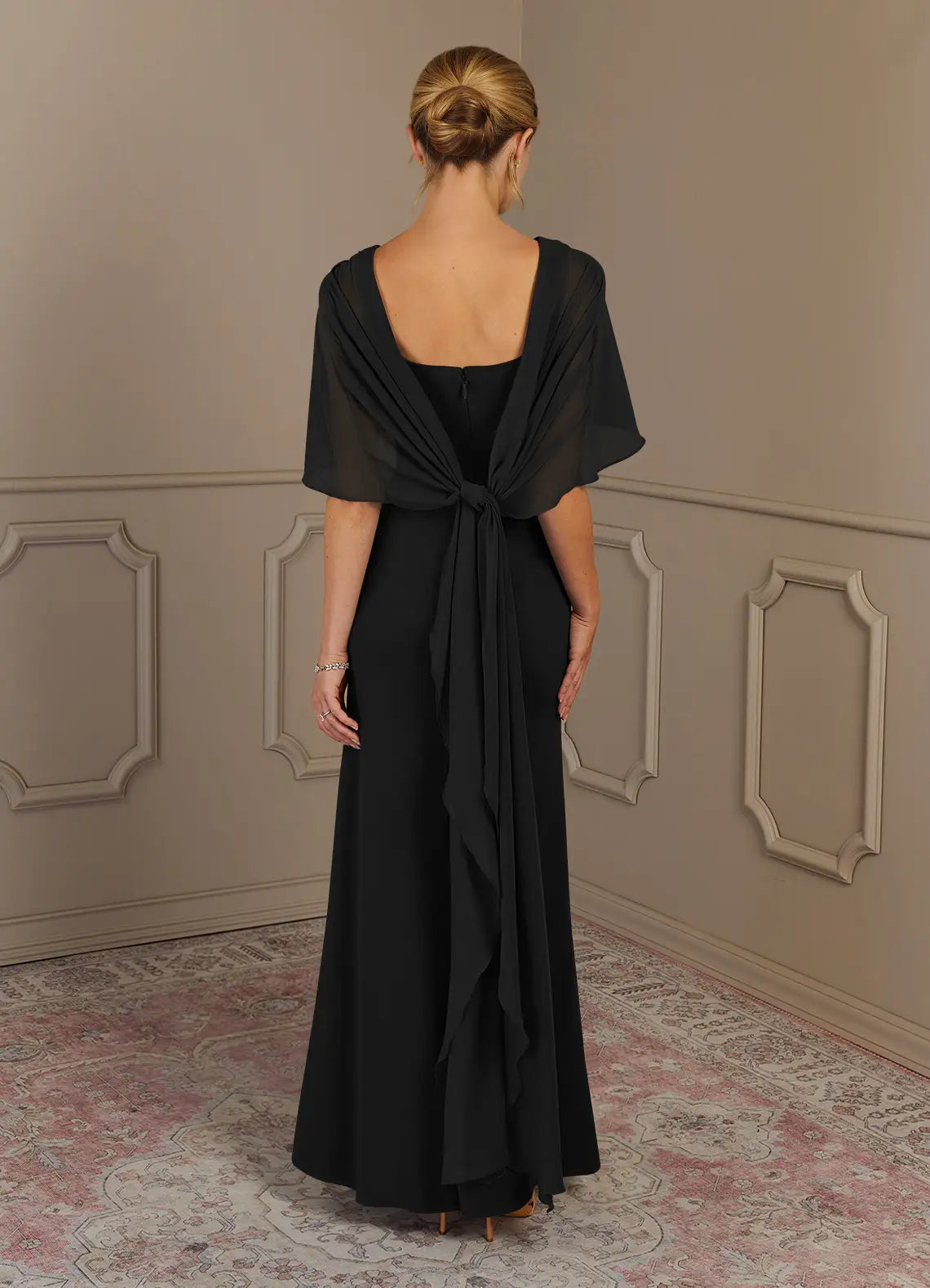 Fashionable Black Sheath Scoop Neck Cape Sleeve Back Zip Floor-Length Mother of the Bride Dress for sale