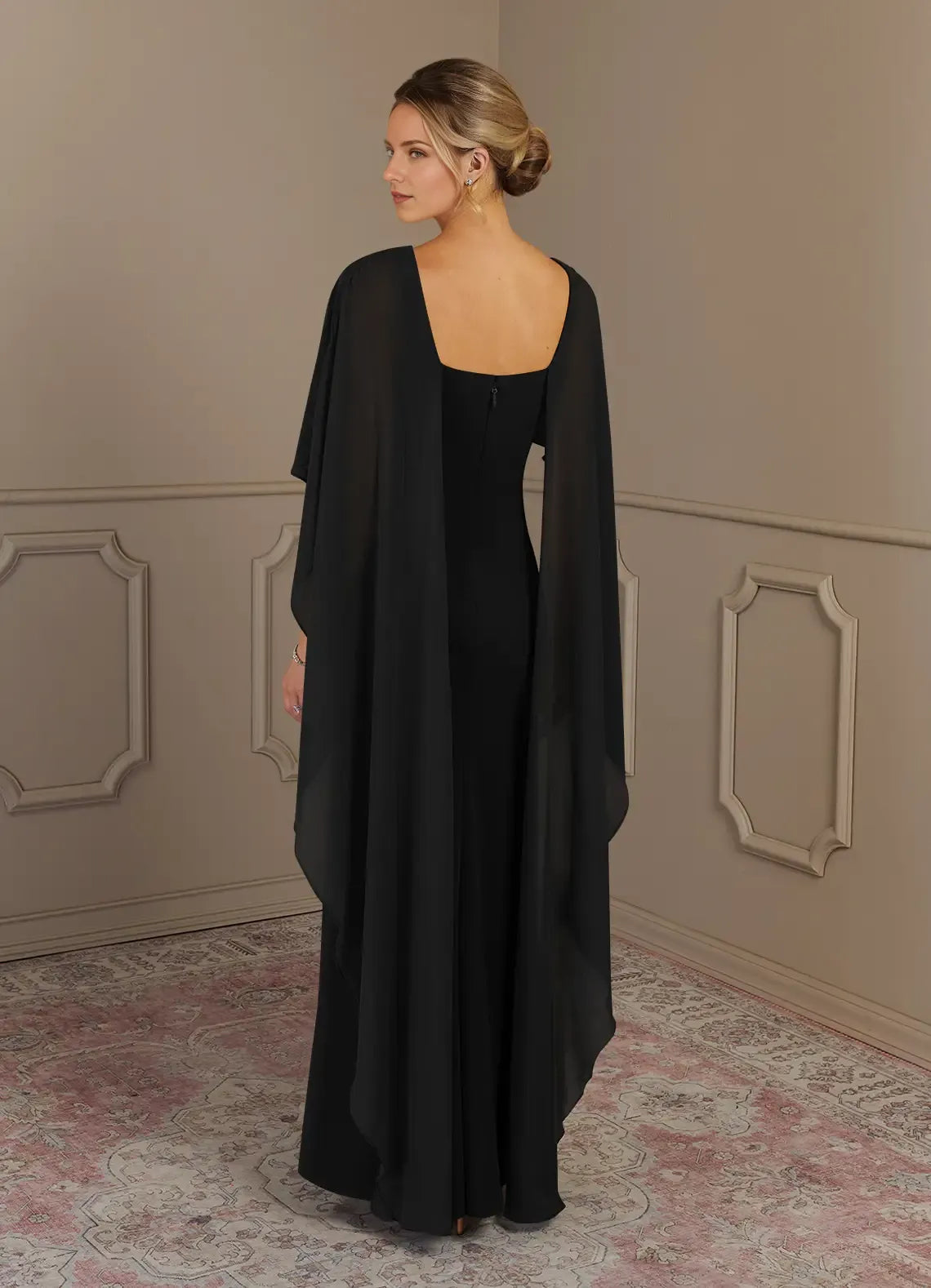 Fashionable Black Sheath Scoop Neck Cape Sleeve Back Zip Floor-Length Mother of the Bride Dress for sale