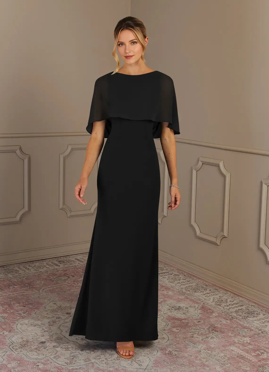 Fashionable Black Sheath Scoop Neck Cape Sleeve Back Zip Floor-Length Mother of the Bride Dress for sale