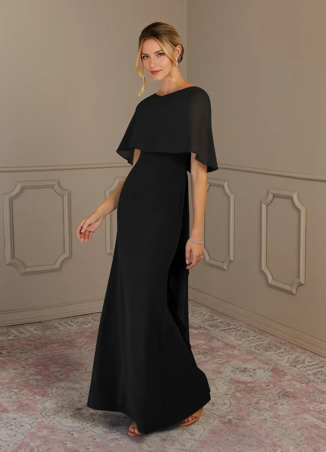 Fashionable Black Sheath Scoop Neck Cape Sleeve Back Zip Floor-Length Mother of the Bride Dress for sale
