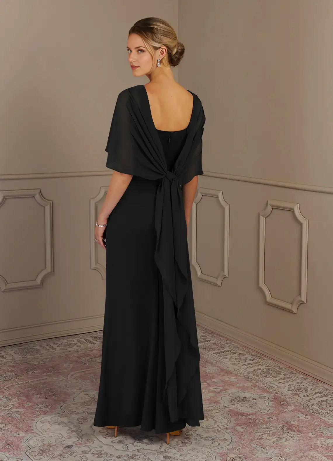 Fashionable Black Sheath Scoop Neck Cape Sleeve Back Zip Floor-Length Mother of the Bride Dress for sale