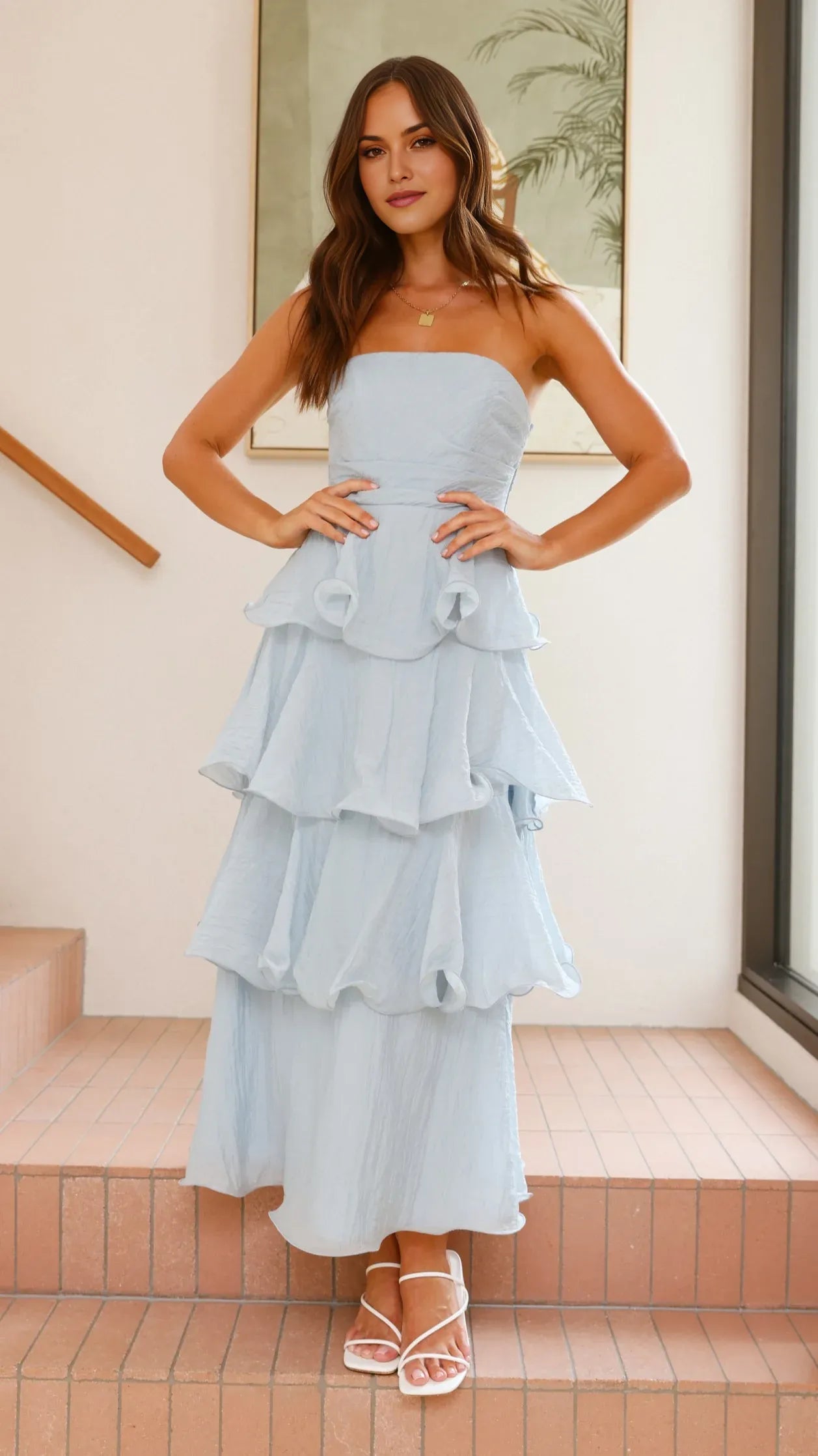 Fashionable Blue A-Line Strapless Sleeveless Ruffled Tiered Open Back Back Zip Ankle-Length Prom Dresses Custom