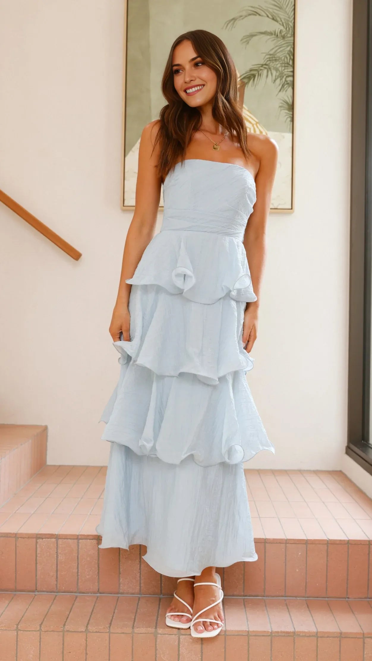 Fashionable Blue A-Line Strapless Sleeveless Ruffled Tiered Open Back Back Zip Ankle-Length Prom Dresses Custom