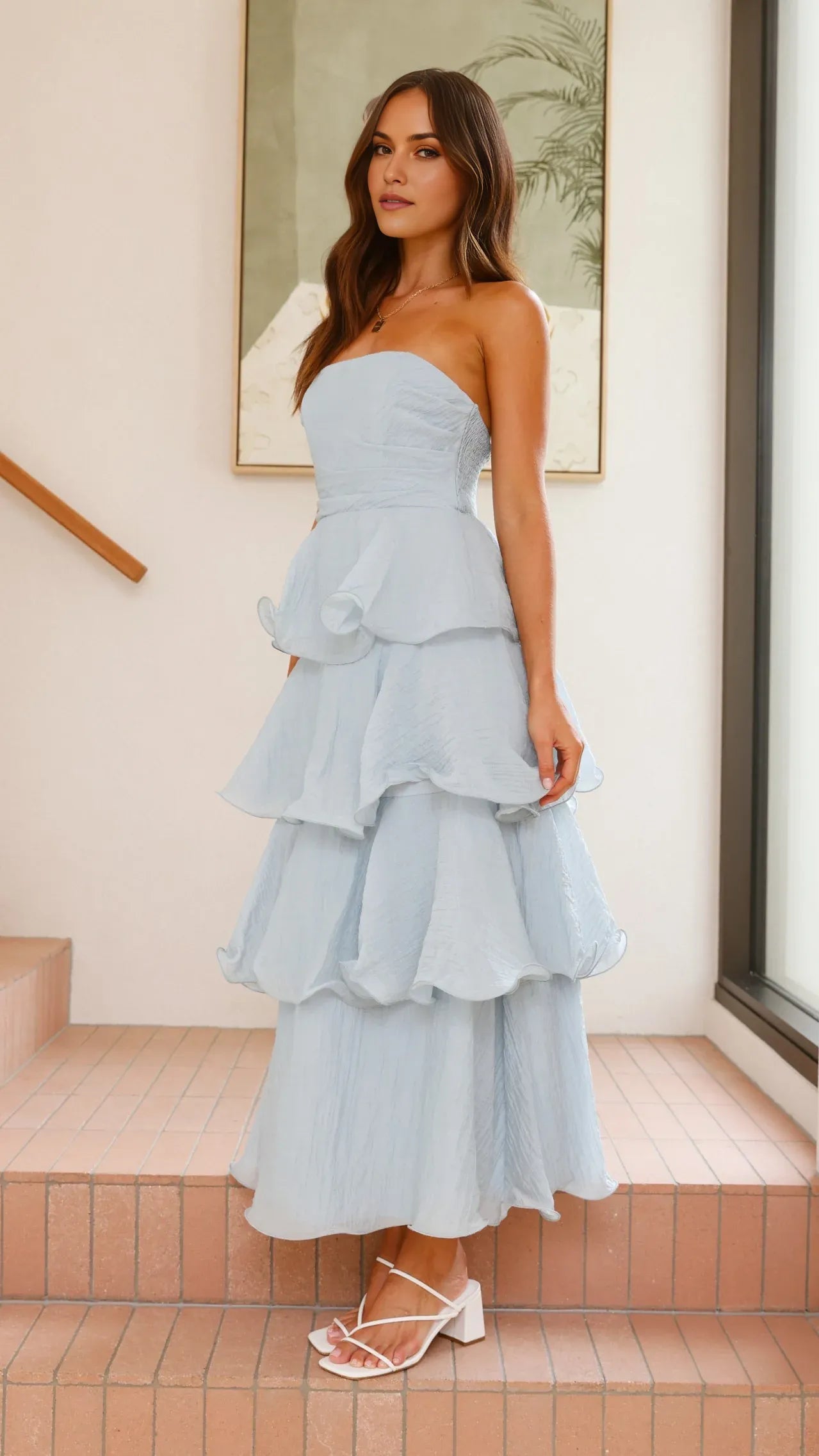 Fashionable Blue A-Line Strapless Sleeveless Ruffled Tiered Open Back Back Zip Ankle-Length Prom Dresses Custom