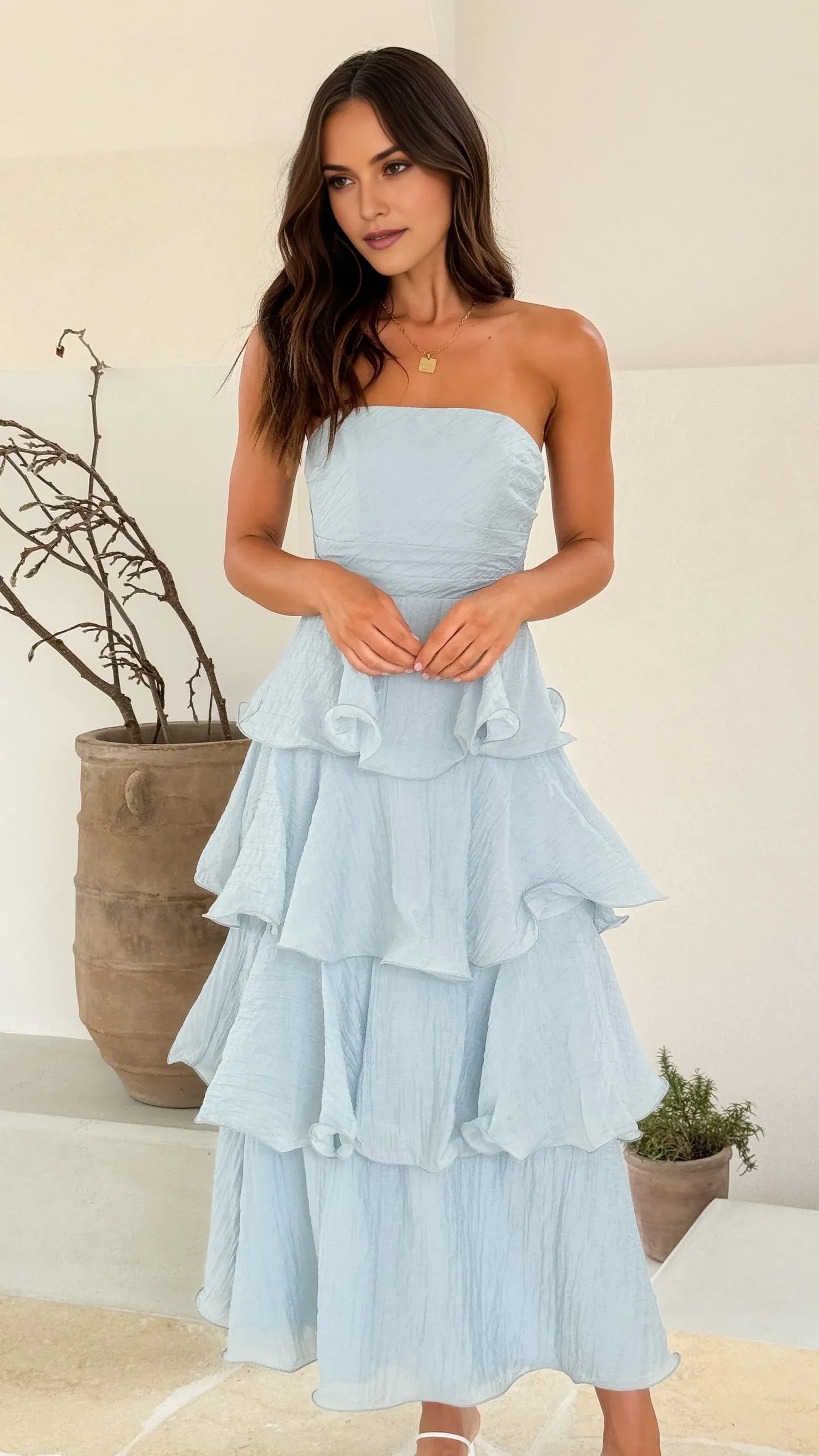 Fashionable Blue A-Line Strapless Sleeveless Ruffled Tiered Open Back Back Zip Ankle-Length Prom Dresses Custom