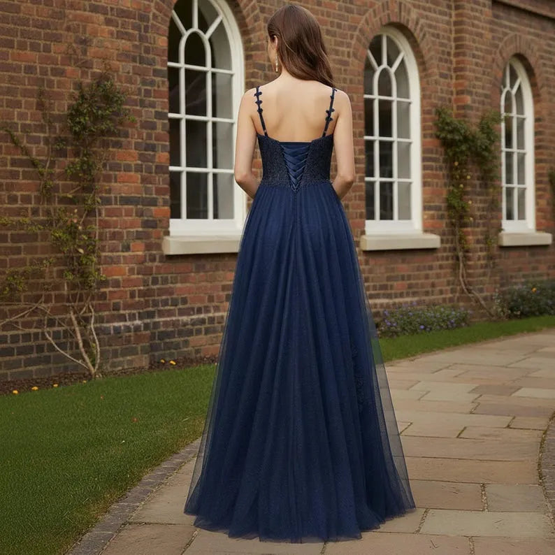 Fashionable Blue A-Line V Neck Spaghetti Strap Lace Up Lace Tulle Applique Floor-Length Prom Dress