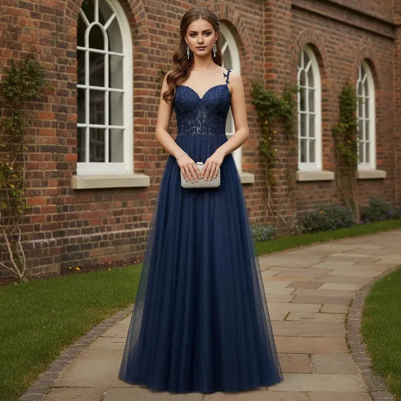 Fashionable Blue A-Line V Neck Spaghetti Strap Lace Up Lace Tulle Applique Floor-Length Prom Dress