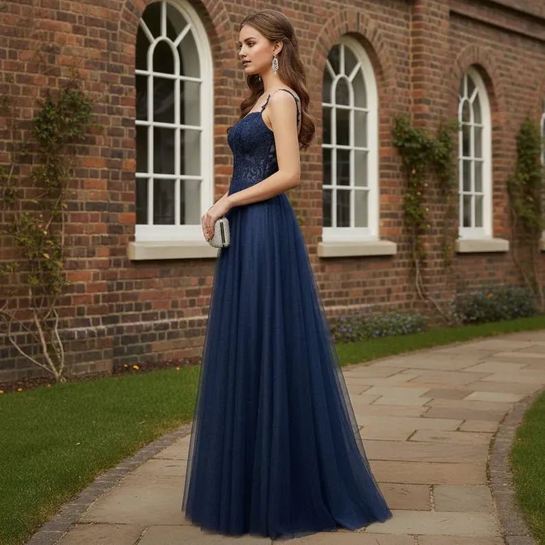 Fashionable Blue A-Line V Neck Spaghetti Strap Lace Up Lace Tulle Applique Floor-Length Prom Dress