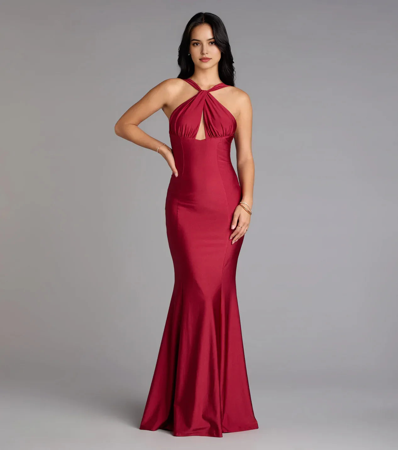 Fashionable Burgundy Halter cutout neckline Neck Keyhole Mermaid Maxi Dress Prom Dress