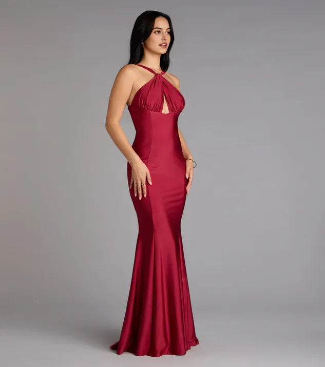 Fashionable Burgundy Halter cutout neckline Neck Keyhole Mermaid Maxi Dress Prom Dress