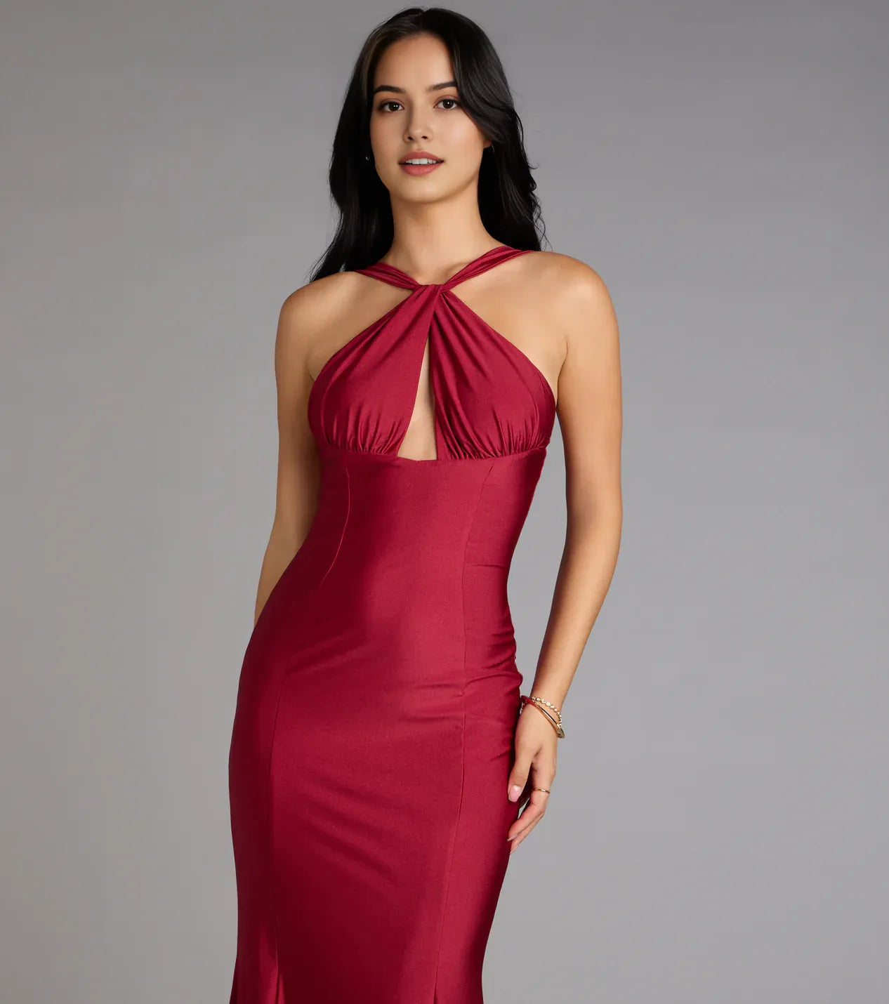 Fashionable Burgundy Halter cutout neckline Neck Keyhole Mermaid Maxi Dress Prom Dress